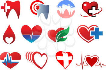 Dentistry, cardiology and blood donation symbols in heart shapes with cross, pulse, blood curves and teeth isolated on white background