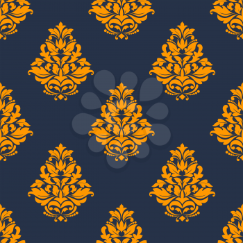 Damask floral seamless pattern with orange flowers consist of elegant curly leaves, twirls and lily buds on dark blue background