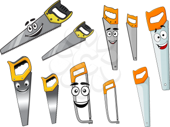Cartoon sharp hand saw and hacksaw tools characters with smiling faces isolated on white
