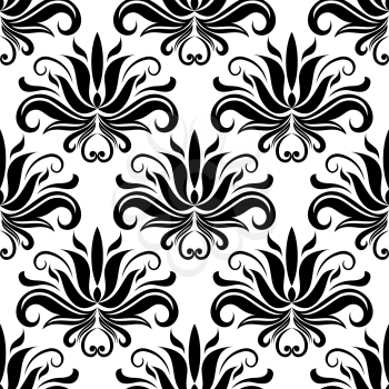 Black abstract flowers and stems in seamless foliate pattern with white background for fabric and interior design