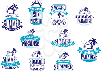 Summer holidays emblems and logo in blue with beach, sunrise, palm tree and wave for travel or leisure design
