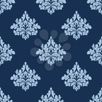 Seamless blue colored foliage pattern of vintage damask elements with elegant carved leaves and bold twirls suitable for wallpaper and fabric design