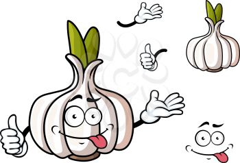 Cartoon garlic vegetable character with green sprouts and funny grimace face suited for food pack or healthy nutrition concept design