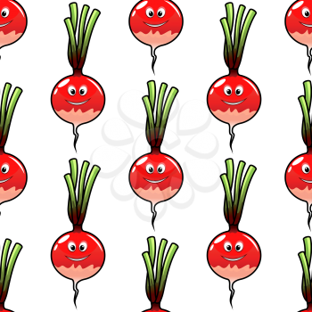 Seamless cartoon vegetable background of fresh red radish with green haulms for food pack or page fill design