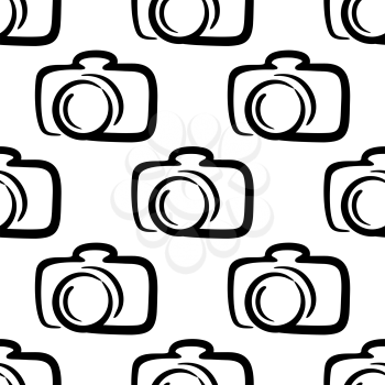 Black and white seamless pattern background with digital cameras in outline sketch style