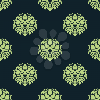Seamless green pattern of damask motif with abstract lush flowers composed of bold curly leaves for wallpaper or textile design