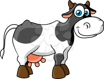 Cute cartoon spotted cow character with cheerful smile, little horns and big blue eyes for agriculture or farming design