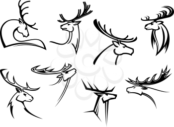 Outline sketch deer heads with proud profile and large antlers isolated on white for tattoo or mascot design