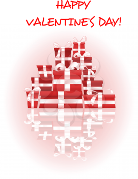 Valentine's day card depicting pile of red gift boxes decorated white shining ribbon bows with reflection and greeting caption Happy Valentine's Day