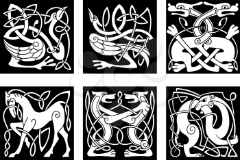 Abstract white animal ornaments in celtic style with tribal pattern on black background for tattoo or culture design