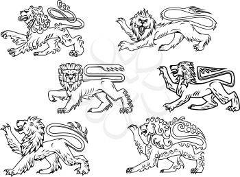 Vintage outline profiles of noble lions with raised foreleg for mascot or heraldry design