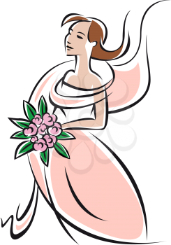 Pretty feminine bride or bridesmaid in pink dress holding a posy of flowers with a swirling train flying up behind, sketch style