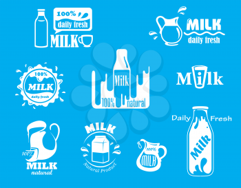 Dairy and milk vector icons for fresh product design on turquoise blue with various text and designs all incorporating the word Milk and various containers