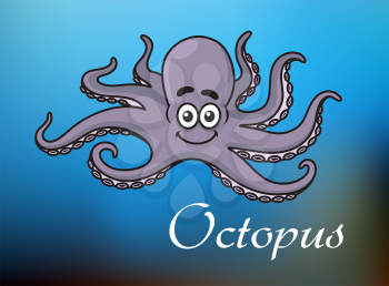Smiling cute violet cartoon baby octopus character swimming in blue sea with white caption Octopus for childrens book, party and lessons design