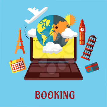 Online travel and sightseeing booking flat concept with a laptop surrounded by a globe, calendar, credit card, airplane and various international landmarks