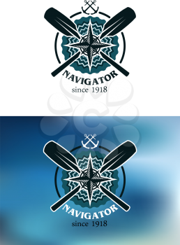 Marine or nautical themed navigator emblem or badge in two color variants with crossed oars, anchors and a compass in a circular frame with text below