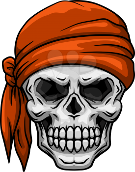 Spooky cartoon skull in orange bandana or kerchief for tattoo, comics or halloween party design