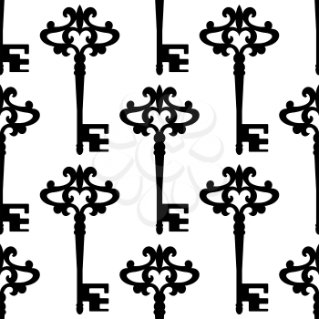 Seamless background pattern of a vintage keys with a repeat vector silhouette motif in square format on white