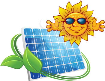 Solar energy concept with happy sun wearing sunglasses above a photovoltaic panel entwined with a green leaf, isolated on white