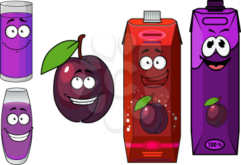 Cheerful purple ripe cartoon plum with a happy smile with two cardboard drinks containers and two glasses full of juice, vector illustration on white