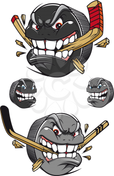 Angry evil hockey puck chomping an ice hockey stick with a toothy leer, two color variants and two with faces and no stick