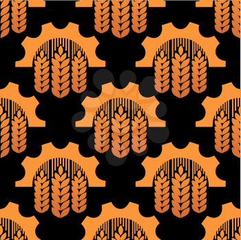 Seamless pattern of ears of wheat and gears conceptual of agriculture and industry, in orange on brown in square format