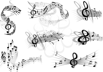 Musical waves with music notes and a clef on swirling staves