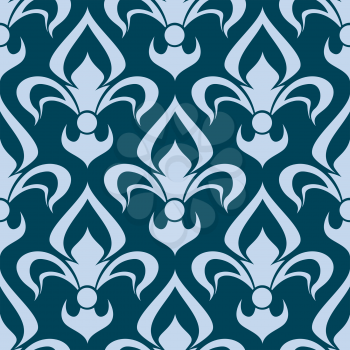 Arabesque seamless pattern with a stylized fleur de lys repeat motif in blue in a square format