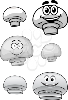 Set of cute cartoon champignon mushrooms each shown with a happy smiling face and a second plain variation