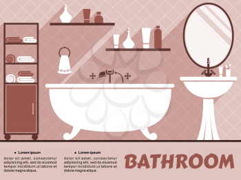 Bathroom interior design infographic with editable text space and a bathtub, hand basin, mirror, and shelves with toiletries and towels in shades of dusky pink