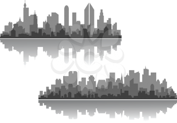 Modern cityscape vector designs with silhouettes of multiple high-rise buildings and skyscrapers with a reflection