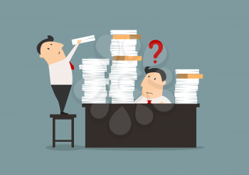 Bemused overworked businessman with his desk stacked high with files being given more work by a colleague standing on a chair, with a question mark