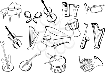 Large set of musical instruments icons in sketch style with a piano, castanets, violin, trumpet, horn, guitar, drum, harp and saxophone