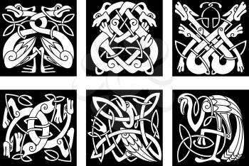 White on black intricate celtic birds and animals as stork, heron, dog, wolf, crane and goose