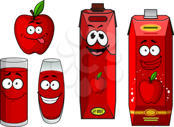 Cartoon fresh red happy apple with apple juice in cardboard cartons and glasses also with happy healthy smiling faces