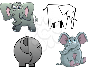 Cute cartoon baby elephants , two in profile and two facing with happy smiles and flapping ears