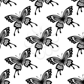 Seamless background pattern of flying ornamental black and white butterflies in square format for wallpaper, textile, and wrapping paper