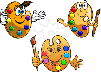 Cartoon happy artists palettes with colorful paint in different shapes with happy smiling faces holding paint brushes