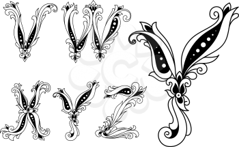 Black and white floral forming capital letters V, W, X, Y and Z on white background