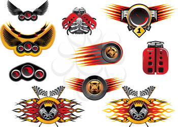 Colorful motor sport and racing icons with wheels with speed trails or flames, winged emblems and stylized mechanical lady birds