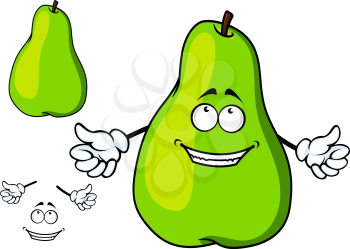 Happy green cartoon pear giving a thumbs up gesture of approval or success, plus a second plain variant with separate smile and hand elements