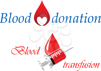 Blood donation and blood transfusion symbols design decorated with a drop of blood containing a heart and a syringe full of blood for medical and healthcare