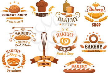 Large set of bakery labels or badges decorated with wheat, bread, tarts, croissant, baguette, pretzel, whisk, toque, and rolling pin with various texts