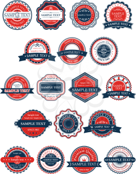 Circular retro badges or labels set in different shapes, some with banners, and all with editable sample text in red, white and blue