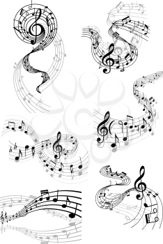 Black and white musical notes and clefs on swirling staves in various flowing wave shapes