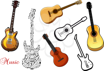 Set of musical guitar instruments in various shapes depicting acoustic and electric guitars and one formed of a pattern of music notes