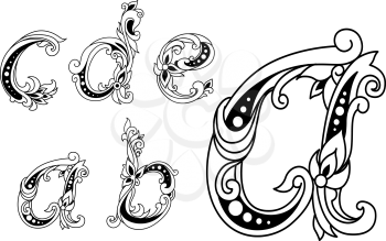 Calligraphic floral lower case alphabet letters a, b, c, d and e with a stylish curling design in black and white