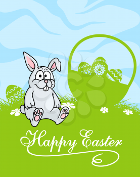 Cute little grey Easter Bunny on a Happy Easter greeting card with a basket of easter eggs on a green meadow under a blue sky