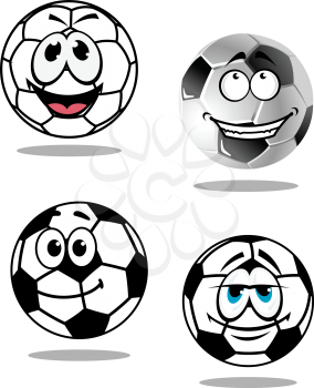 Cartoon soccer or football characters with happy smiling faces, two with goofy droopy eyes, isolated on white background