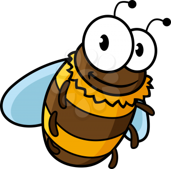 Happy flying cartoon bumble bee or honey bee with a striped body and large googly eyes